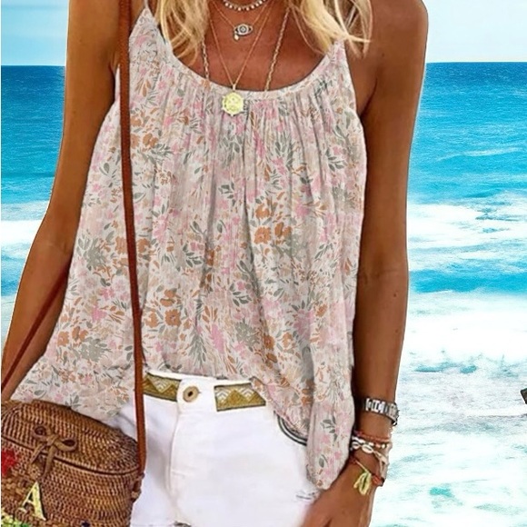 Tops - White Boho Floral Print Spaghetti Straps Tank Top